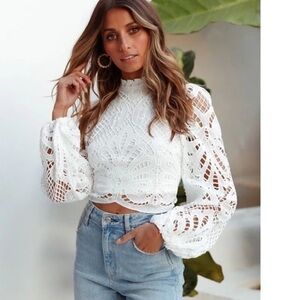 Long Sleeve Lace Blouse Women Tops White Crochet Crop Women's Shirt mock neck